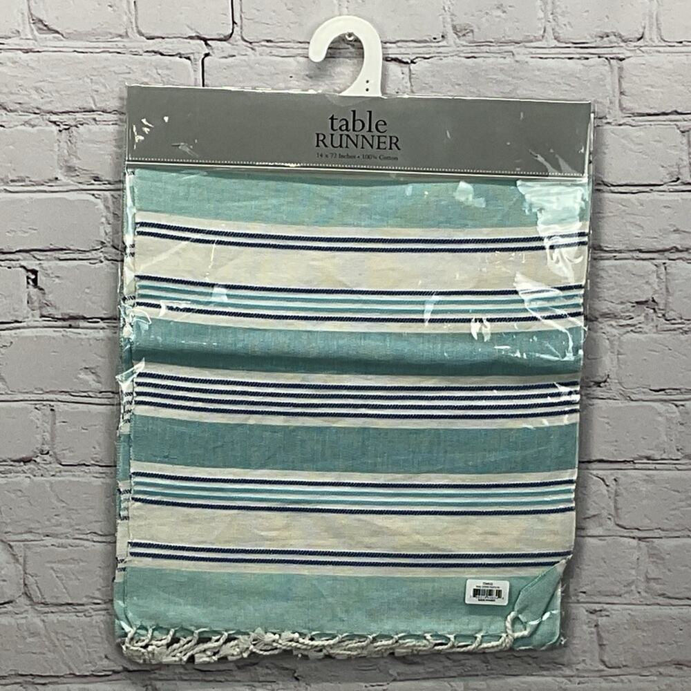 Design Imports Table Runner 14" x 72" Tidal Stripe Fouta Fringed 100% Cotton NWT